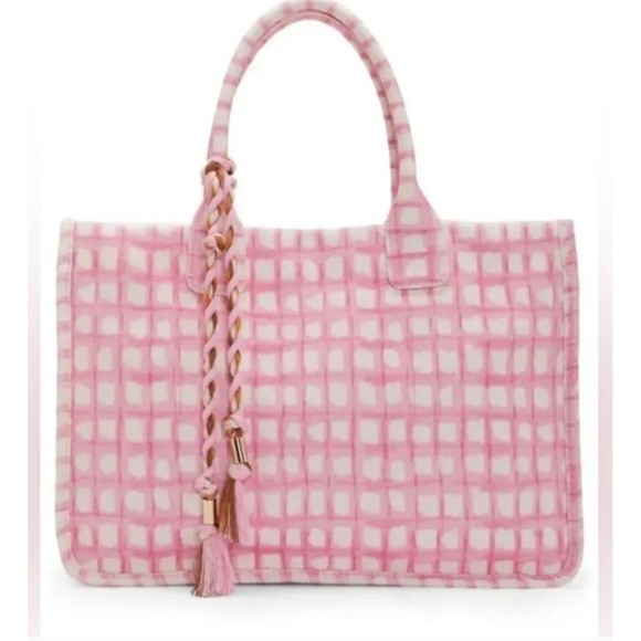 Vince Camuto Pink Plaid orta Canvas Tote Bag Purse with Braided Tassel Accent - Picture 1 of 5